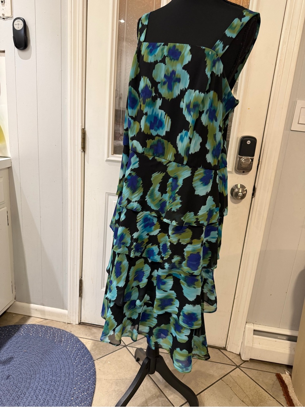 dressbarn Black Midi Dress with Blue and Green Floral Print